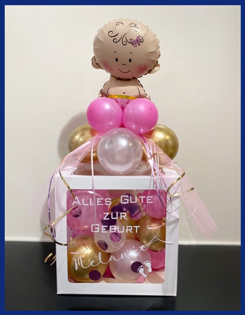 Geschenk zur Geburt, personalisierte Box mit Luftballons